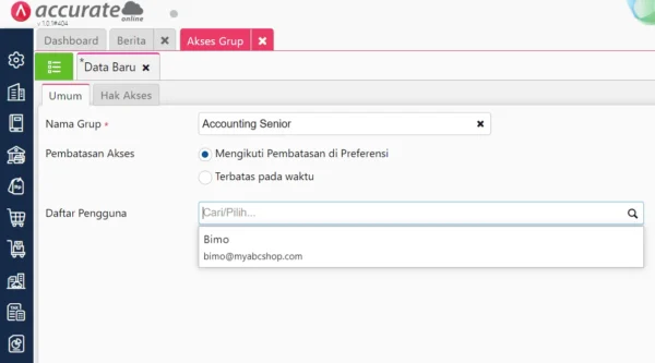 hak akses accurate online nama grup